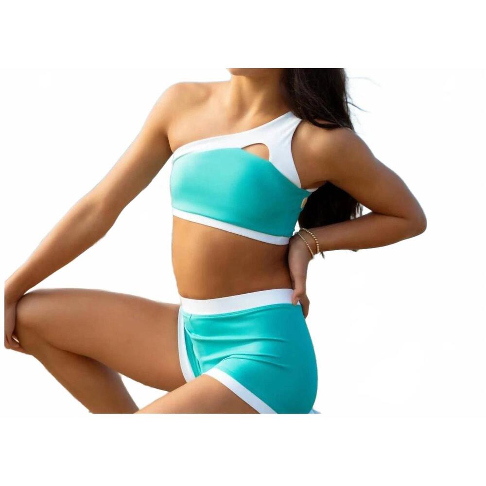 NEW HONEYCUT cali dance top in aqua & white